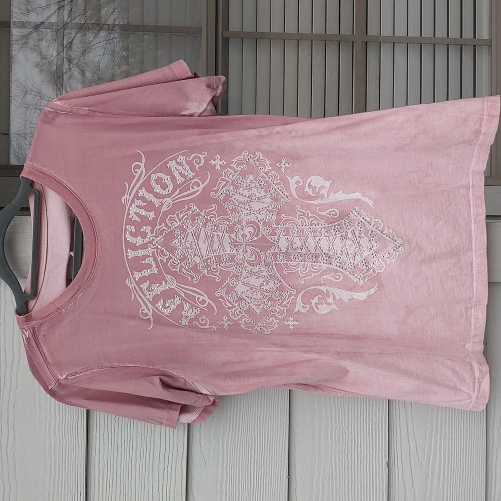 Affliction rhinestones cross cut out back t shirt XL pink